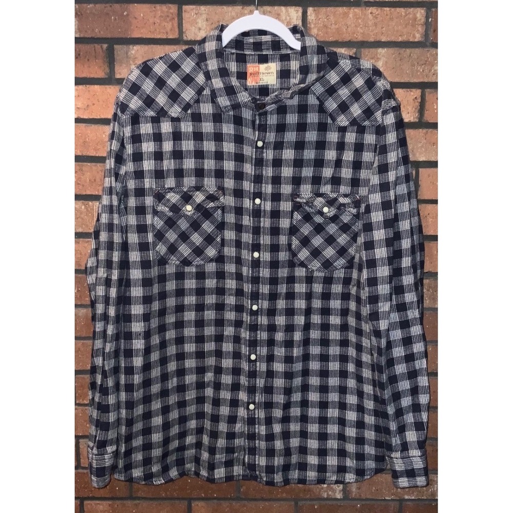 RuffHewn Mens Western Plaid Button Down‎ Shirt Navy Blue White Long Sleeve XL